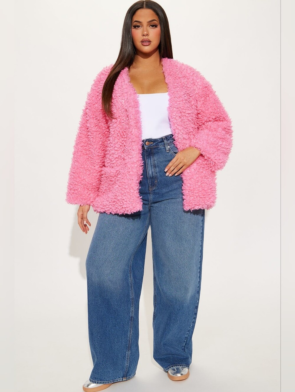 Pink Faux-Shearling Open-Front Jacket With Pockets - Picture 8 of 8